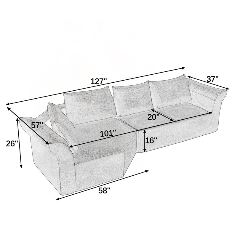 Canapé modulaire modulaire en L avec accoudoirs larges et coussins décoratifs, Left Hand Facing, Black Fabric