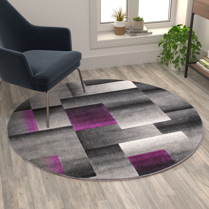 Tapis d'intérieur à motif de couleurs géométriques mauve et gris Abbie-May, Rond 5 pi