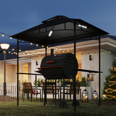 Double-Tiered Dark Grey Grill Gazebo with LED Lights, Side Shelves, and Hooks, 8' x 5', for Outdoor BBQ and Patio Use