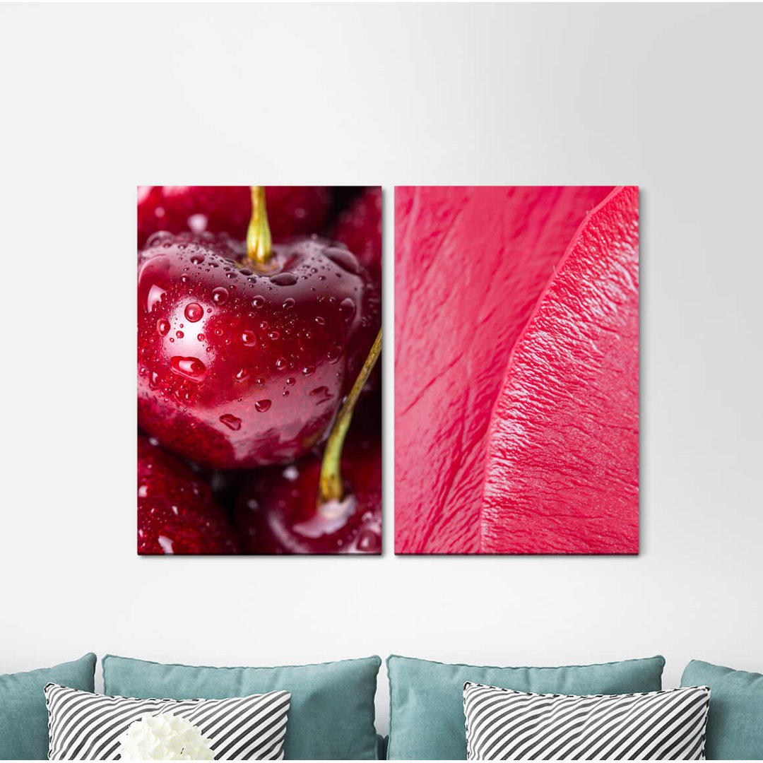 2-tlg. Leinwandbilder-Set - Grafikdruck „Cherries Fresh Fruity Blossom Pink Red”