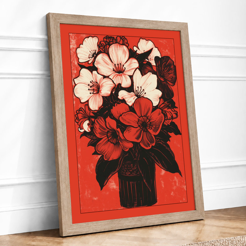 Red Blossom Arrangement Art Deco - Framed Print, A2 - 59.4 x 42.0 cm, Oak