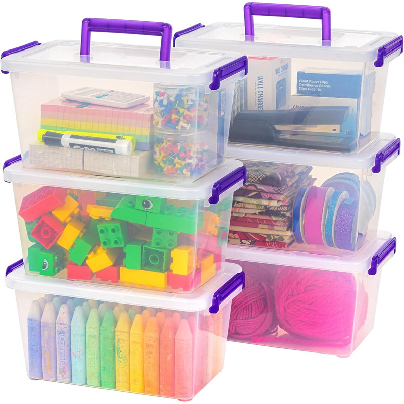 5,4 pte Bacs de rangement en plastique avec couvercles, paquet de 6, petits récipients profonds avec boucles à loquet et poignée portable, organisateur de rangement pour fournitures d'artisanat et d'art, contenant de rangement empilable, transparent / 
