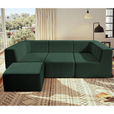 Canapé modulaire d'intérieur avec méridienne en L en velours côtelé pour salon, sans assemblage requis, vert