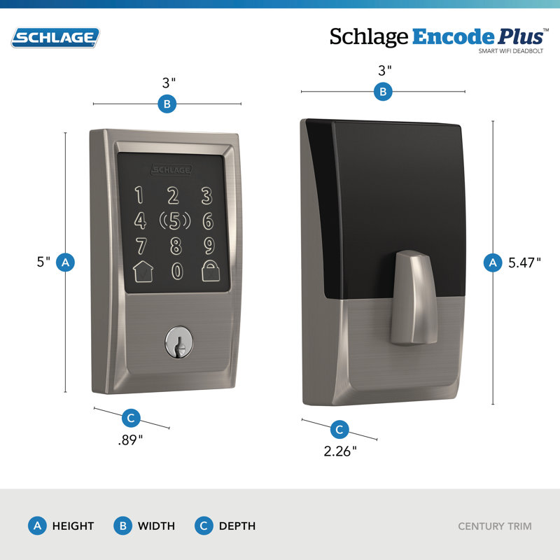 Encode Plus Smart Wifi Deadbolt With Century Trim, Satin Nickel
