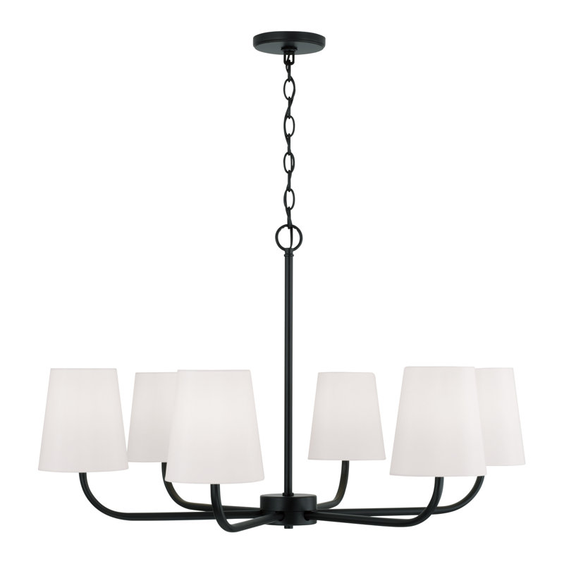 Lustre 6 lumières en laiton vieilli l 34,50 "x H 21" avec abat-jours en tissu blanc, Noir