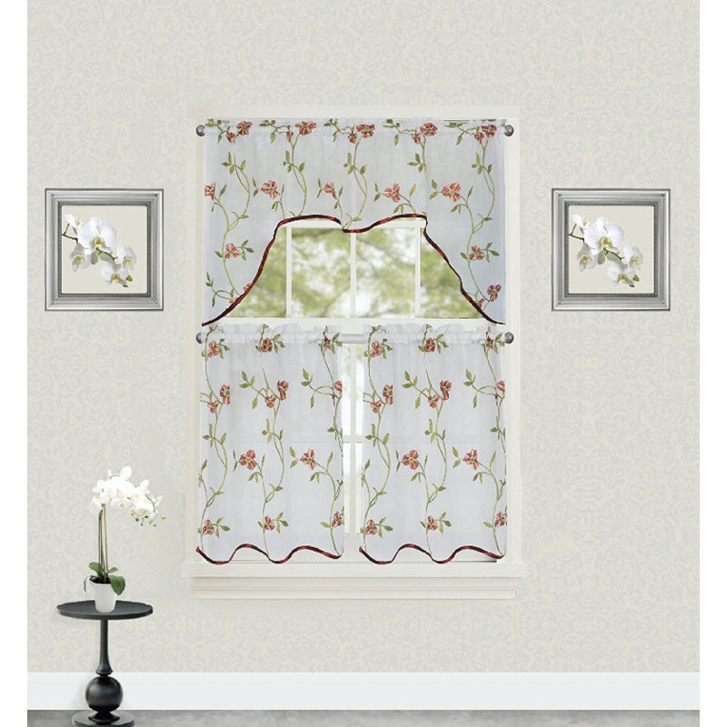 Rideau de cuisine semi-transparent brodé floral Drooks