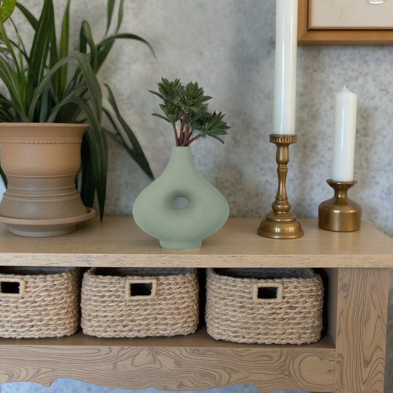 Decorative Stoneware Ceramic Vase with Sculptural Donut Shape and Boho Modern Design for Artistic Accent Styling and Contemporary Shelf or Tabletop Display