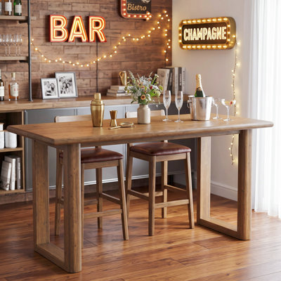 63" Counter Height Solid Wood Bar Table, Modern Farmhouse Rectangular Pub Table with U-Shaped Legs, Rustic Kitchen Island Table for Home Bar & Dining Room