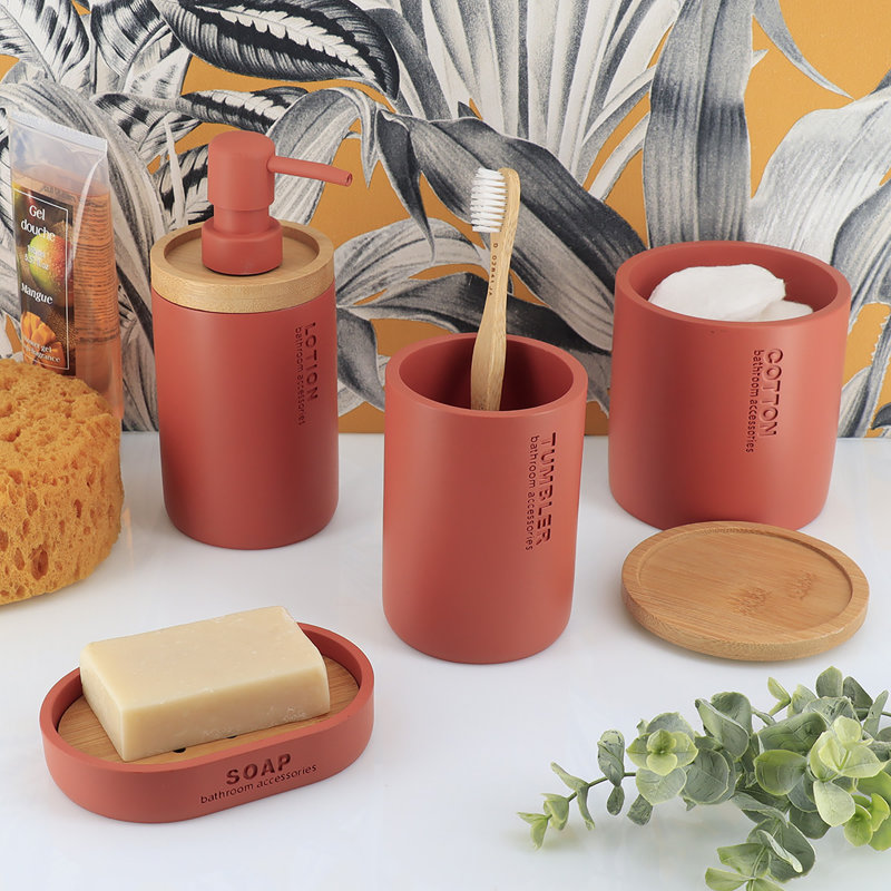 Bathroom Accessories with Natural Accents, Modern 6-piece Set, Terracotta