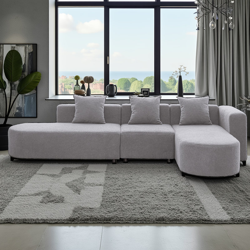 Kiamara Modern 3 - Piece 110.2" L-Shaped Sectional Boucle Curved Seat Sofa With 3 Pillows, Gray Polyester Blend