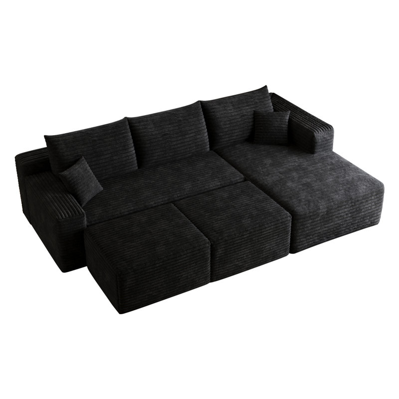 Canapé modulaire 95 po avec 2 repose-pieds Cloud, coussins rembourrés minimalistes modernes, canapé confortable en forme de U pour le salon, canapé d'angle à siège profond, aucun assemblage requis, noir (tissu en velours côtelé moelleux)