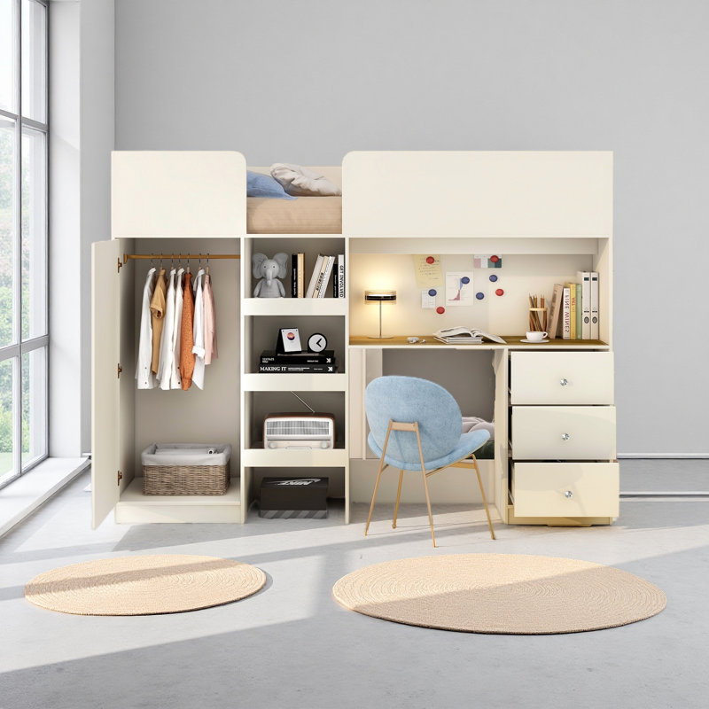 Lit mezzanine double en bois avec garde-robe intégrée, bureau, tablettes de rangement et tiroirs