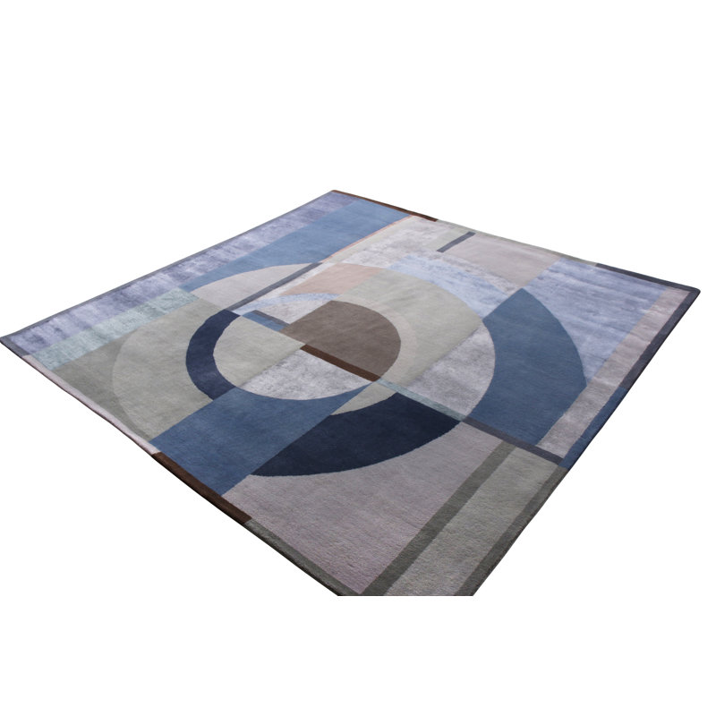 Rug & Kilim’S French Square Art Deco Rug In Blue And Gray Patterns, Rectangle 10' x 14'