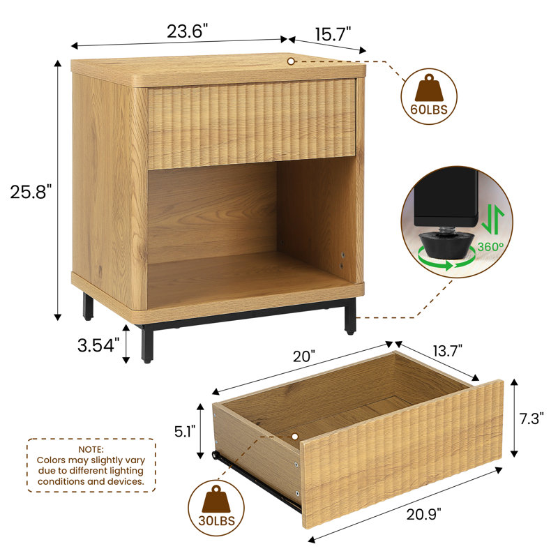 Natural Oak Fluted Nightstands with Drawer Storage and Metal Legs
