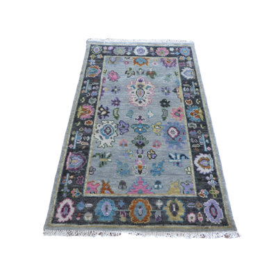 Tapis rectangulaire unique en laine bleu / rose / mauve 3 pi 2 po x 5 pi 2 po Emanual