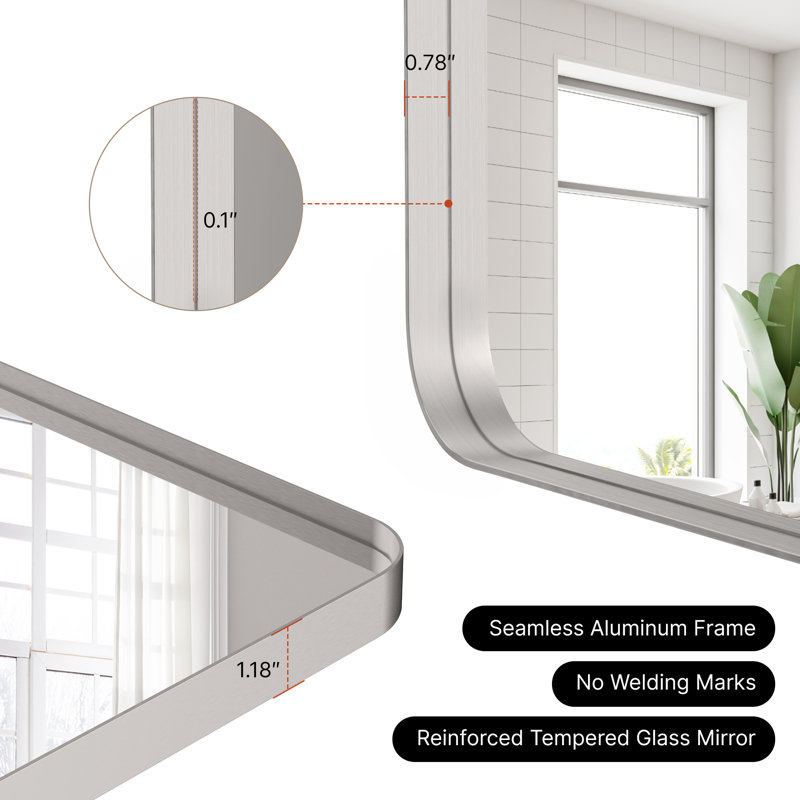 Aevar Wall Mounted Bathroom and Vanity Mirror With Tempered Glass and Aluminum Frame, Silver, 59" H x 28" W