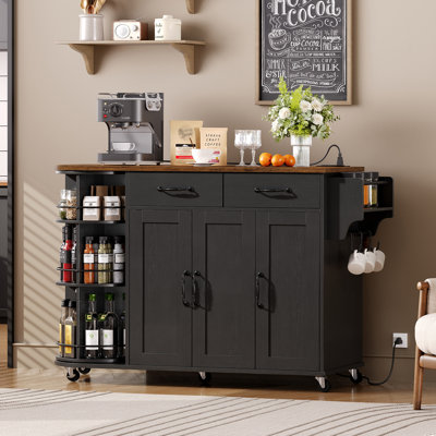 47.2" Kitchen Island with Power Outlet & Drop Leaf, Rolling Kitchen Cart with Rotating Organizer