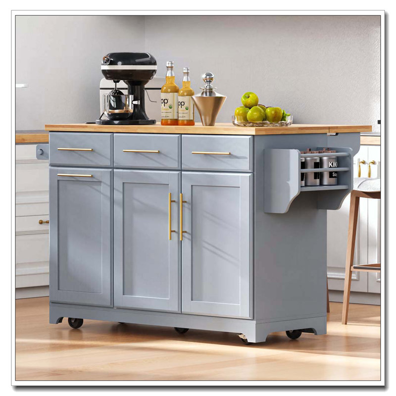 Îlot de cuisine 59,3 po avec 2 armoires coulissantes et rallonge en bois d'hévéa, îlot de cuisine roulant avec rangement pour poubelle, prise de courant, support à épices et à serviettes