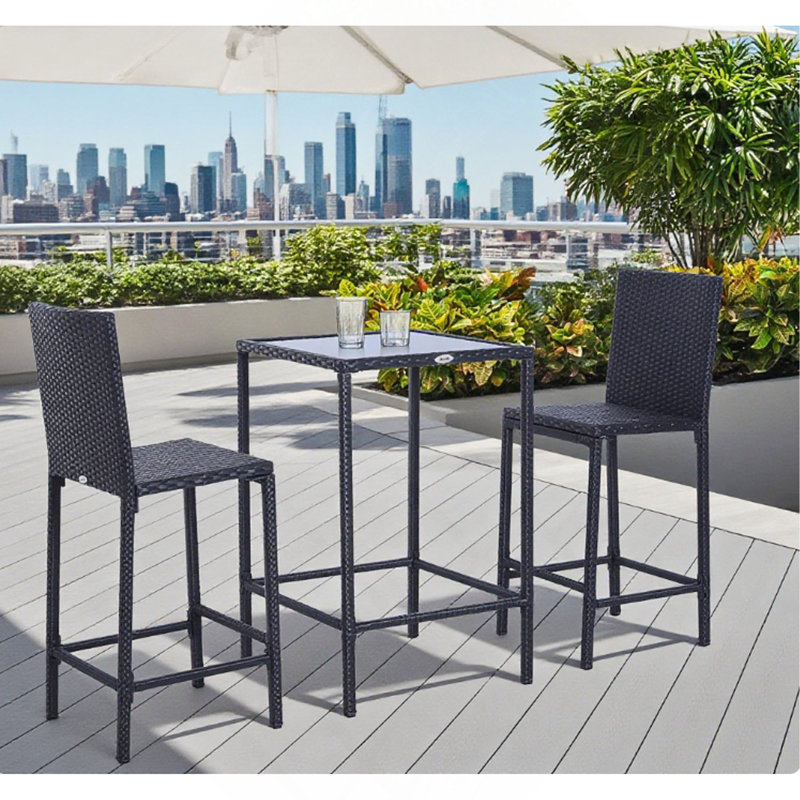 Ensemble de bar en rotin avec plateau en verre, tabourets de bar pour l'extérieur