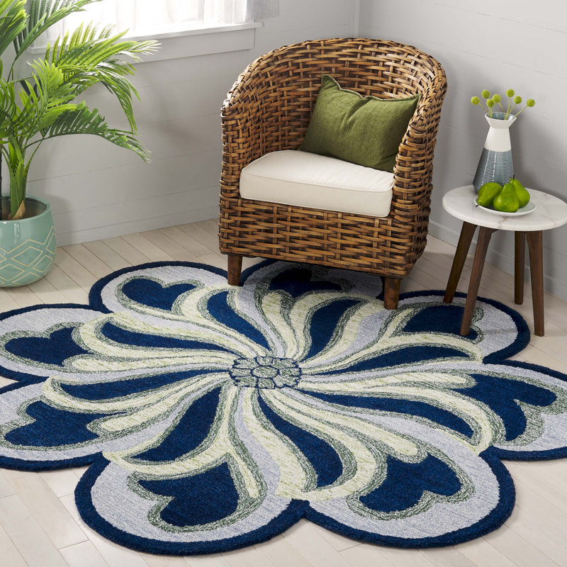 Tapis bleu / vert en laine / coton touffeté à la main Novelty Albric, Rond 6 pi