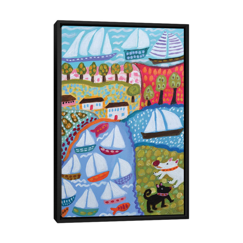 «Dogs & Sail Sailers», reproduction sur toile, H 26 po x l 18 po x P 1,5 po, Toile avec cadre noir, Pas de tapis