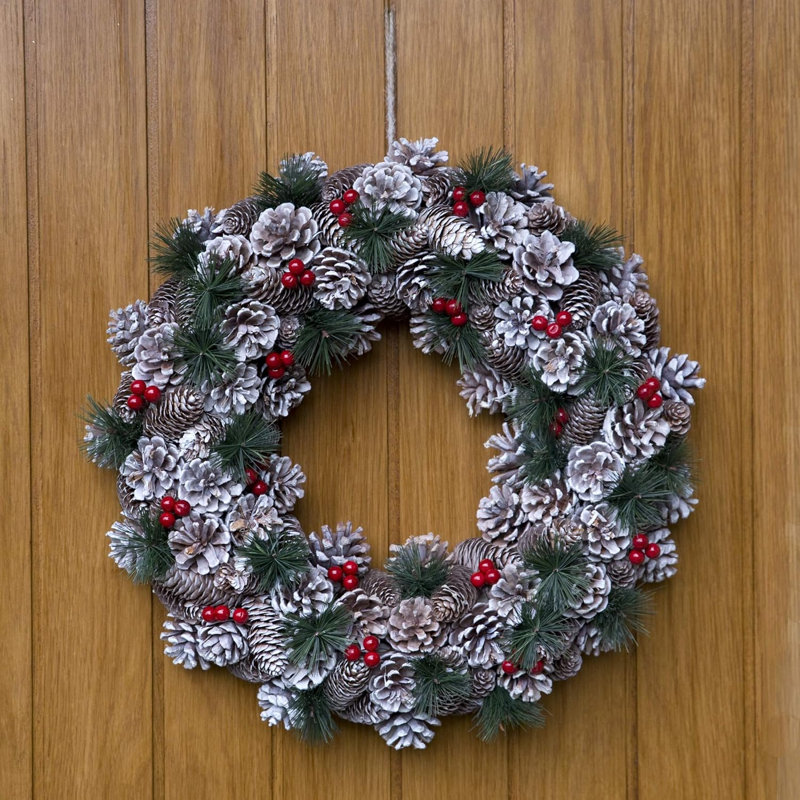 Christmas Hanging Wreath- Festive Pine Cone Display with Subtle White Frosting, 48cm x 48cm