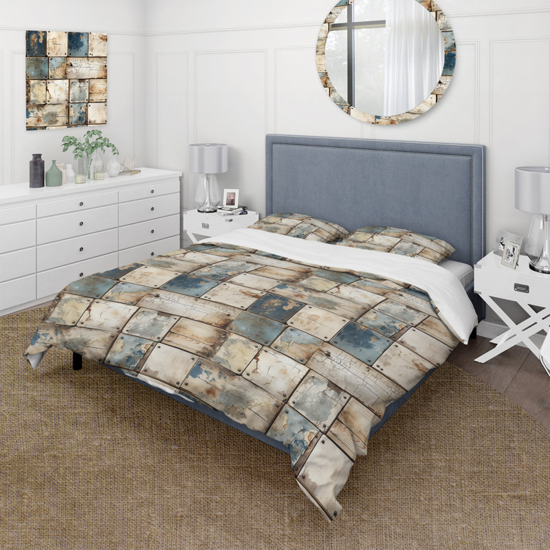 Ensemble de housse de couette Rustic Modern Cubic Farmhouse Planks, Housse de couette pour grand lit et 2 taies décor