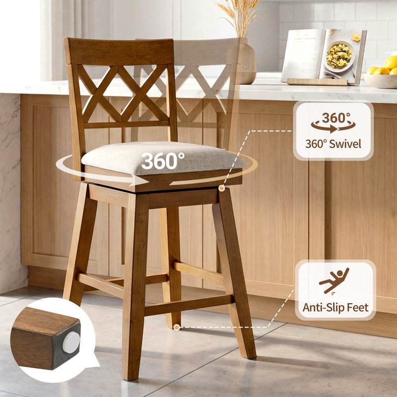 Modern Farmhouse Cross Back Upholstered Solid Wood Bar Stool, Walnut