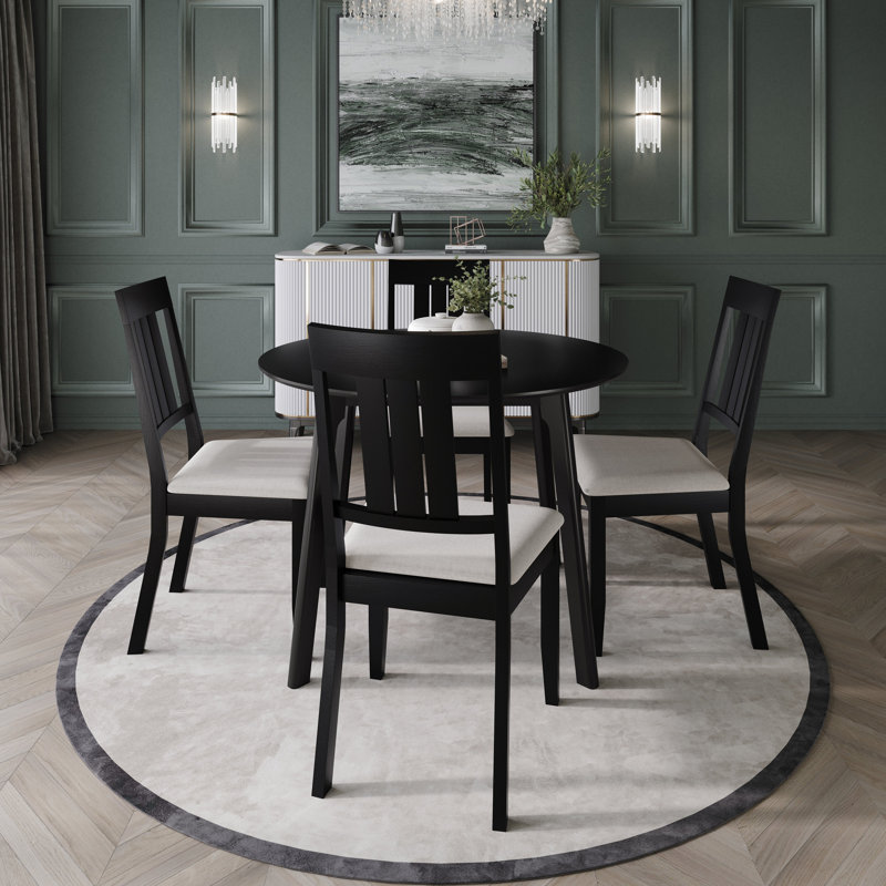 Black 5-Piece Round Dining Set With Upholstered Chairs, Black