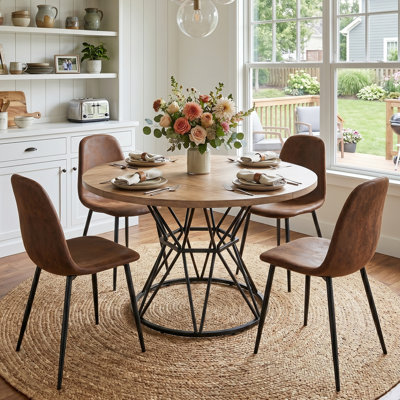 47" Round Dining Table Set For 4, 5-Piece Modern Industrial Kitchen Table And Chairs With Faux Wood-Grain Tabletop & Faux Suede Chairs, Black Metal Geometric Pedestal Base