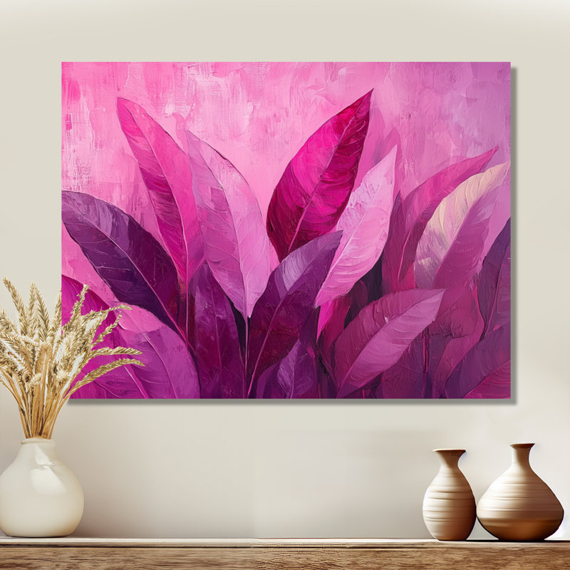 Magenta Leaves Blosoom II - Leaves Metal Wall Decor, Traditional Metal Art Print, H 34 po x l 44 po