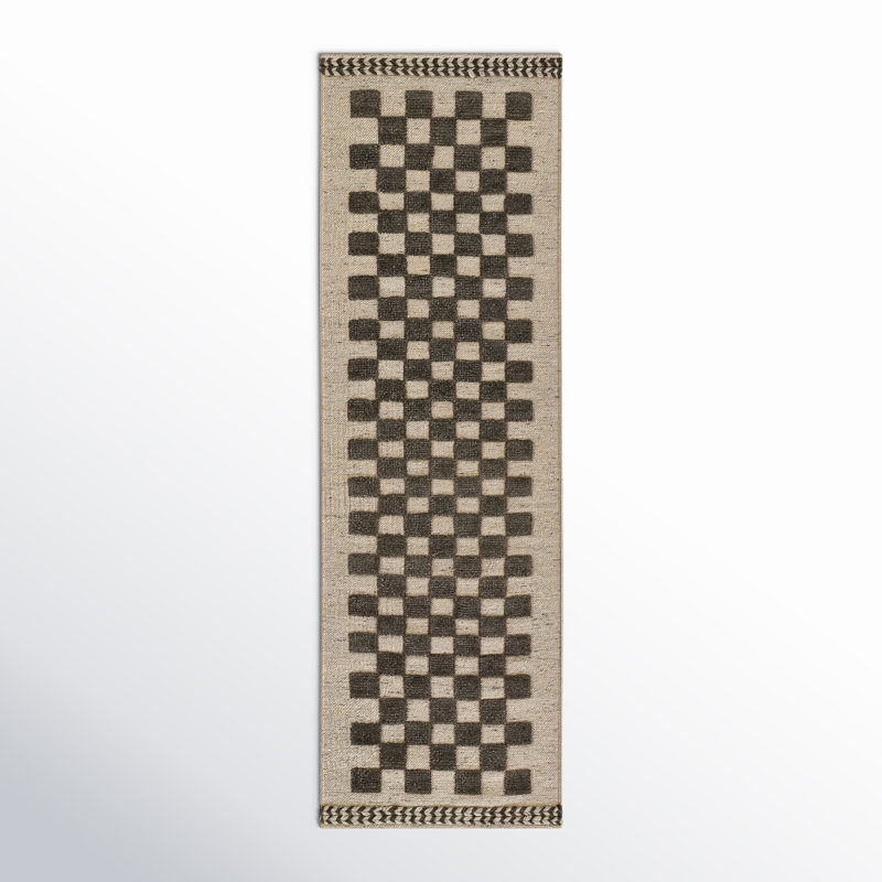Tapis gris anthracite / beige en laine tissé à plat à la main Azle, Tapis de couloir 2 pi 6 po x 8 pi