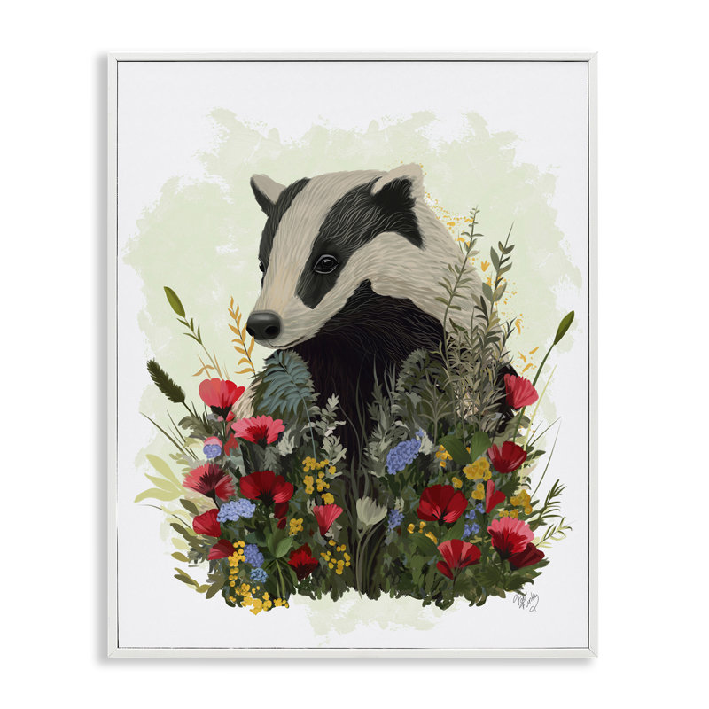 «Badger with Poppy Blossoms», art de la giclée encadrée par Fab Funky, Giclée encadrée blanc bord de mer, H 30 po x l 24 po