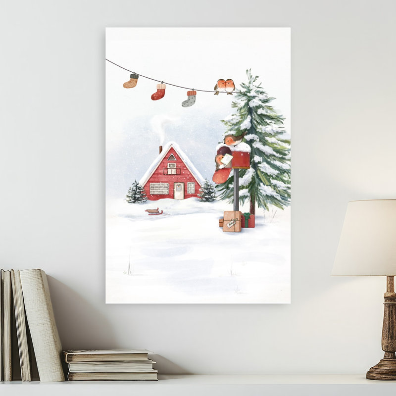 Cozy Christmas Home Abstract Pine Tree Bird Landscape Nature Wall Art Print 1 Piece Wrapped Canvas Wall Art