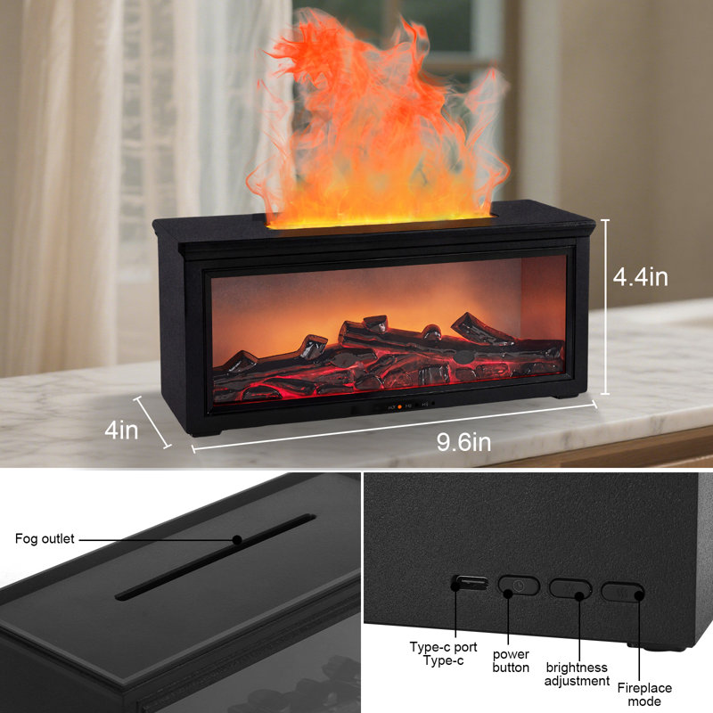 Diffuseur d'humidificateur de cheminée avec lumière 7 couleurs et minuterie pour chambre à coucher, bureau, yoga, Noir