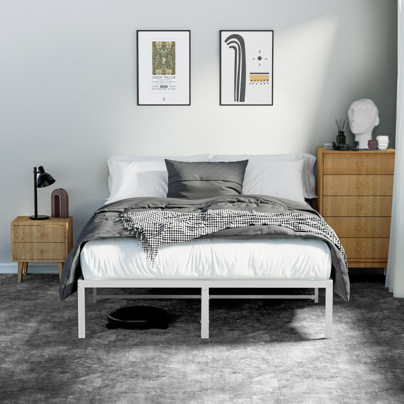 Scio 14'' High White Bed Frame Metal Bedframes with Protection Pads Noisy Free Anti Slip, King