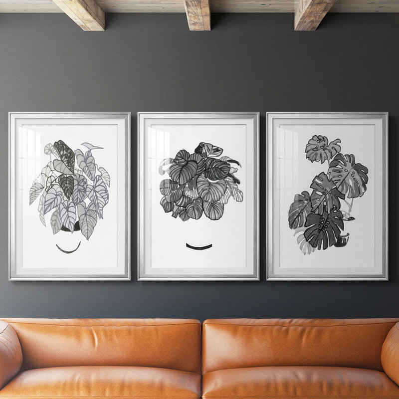 B&W Plante d'intérieur I - Impression encadrée sur mesure de qualité supérieure - 3 pièces, H 15 po x l 19 po, Argent argent