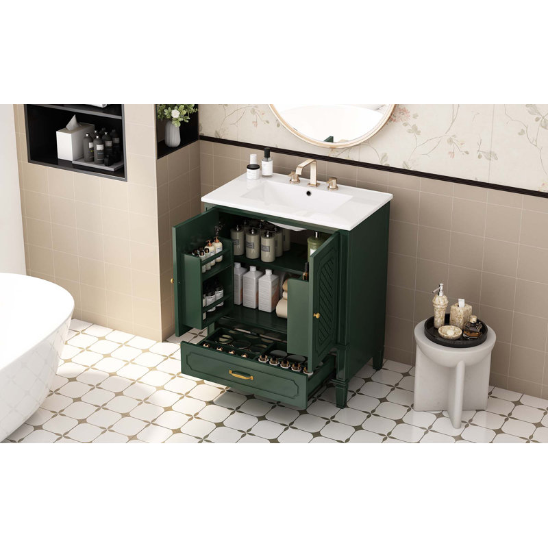 30" Bathroom Vanity With Sink Vintage Style, Multi-Functional Storage Space, Door Shelf, Soft-Closing Door, Dark Green