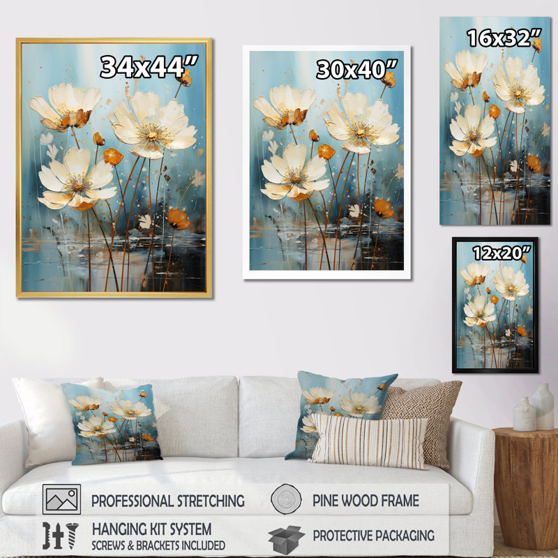 «Daisy Blossoming» en bleu sarcelle - impression, H 44 po x l 34 po x P 1,5 po, Toile tendue