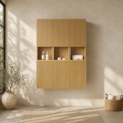 Meuble-lavabo mural moderne en chêne massif de 41 pouces avec compartiment de rangement à lattes en bois massif avec tablette