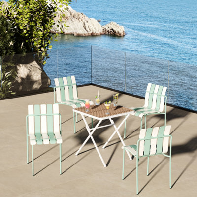 4 chaises modernes en bloc de couleur avec siège en PP imperméable blanc et une table carrée pliante intérieure / extérieure blanche, kaki - rouille, toutes saisons 4: structure rayée rouille, sièges confortables