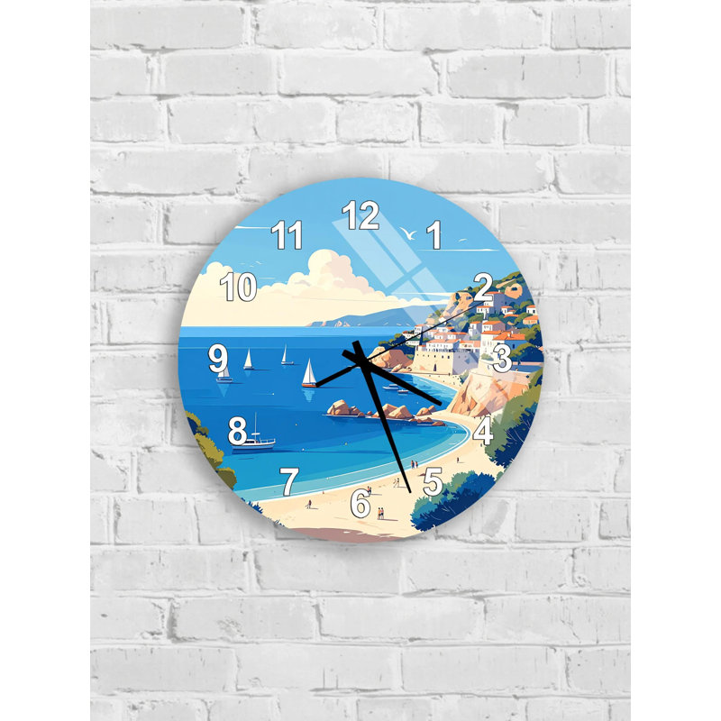 Horloge murale plage en verre trempé, décoration murale de style bord de mer, horloge de paysage marin, cadeau de décoration intérieure, horloge océan bleu, montre de plage pittoresque