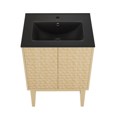 Meuble-lavabo autoportant 24 po Bosse en chêne naturel avec comptoir noir à 3 trous