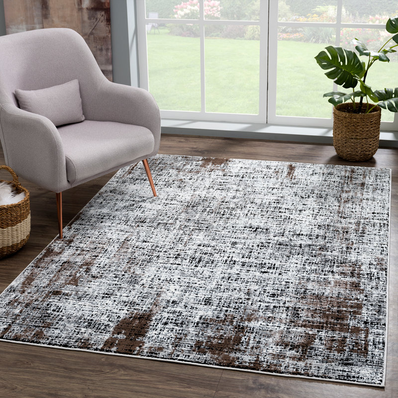 Tapis abstrait brun tissé à la machine, Rectangle 12 pi 6 po x 15 pi