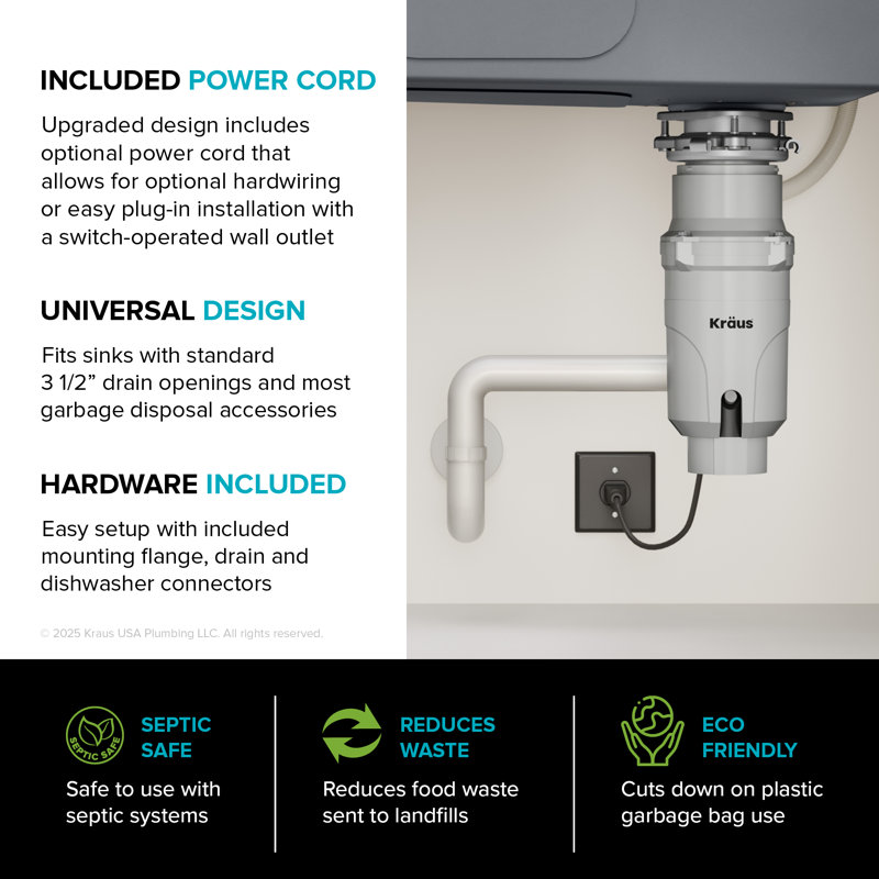 KRAUS Wasteguard Continuous Feed Garbage Disposal With Ultra-Quiet Motor For Kitchen Sink With Power Cord And Flange Included