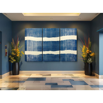 Triptych Canvas Wall Art – Modern Blue and White Abstract Canvas Triptych Art Print Minimalist Geometric Indigo Striped Design for Coastal or Contemporary Decor, Painting Reproduction