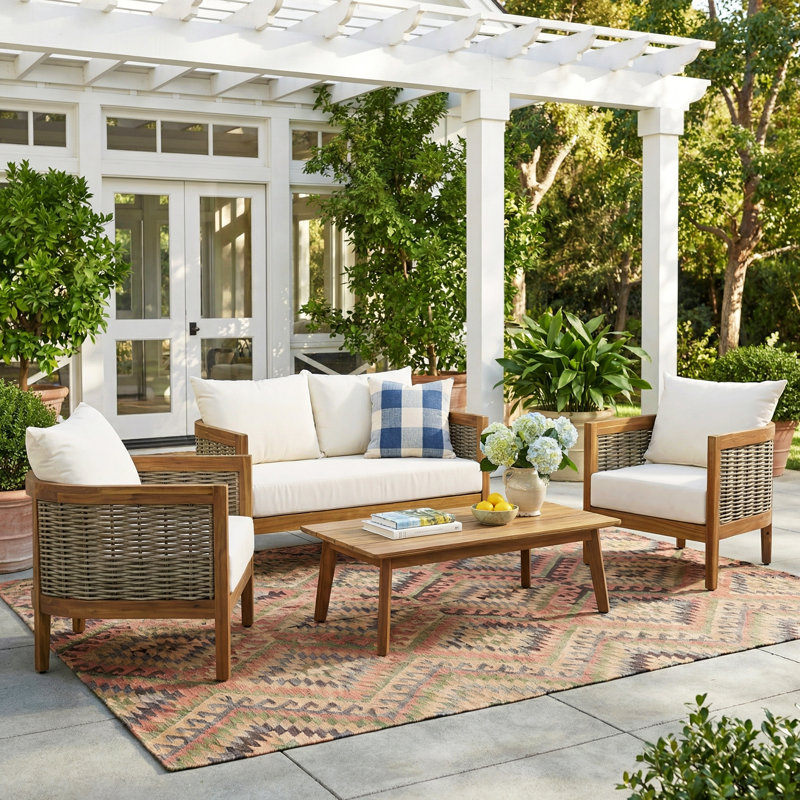 Boling Acacia 4 - Person Patio Conversation Set with Cushions, Polyester Beige, Teak