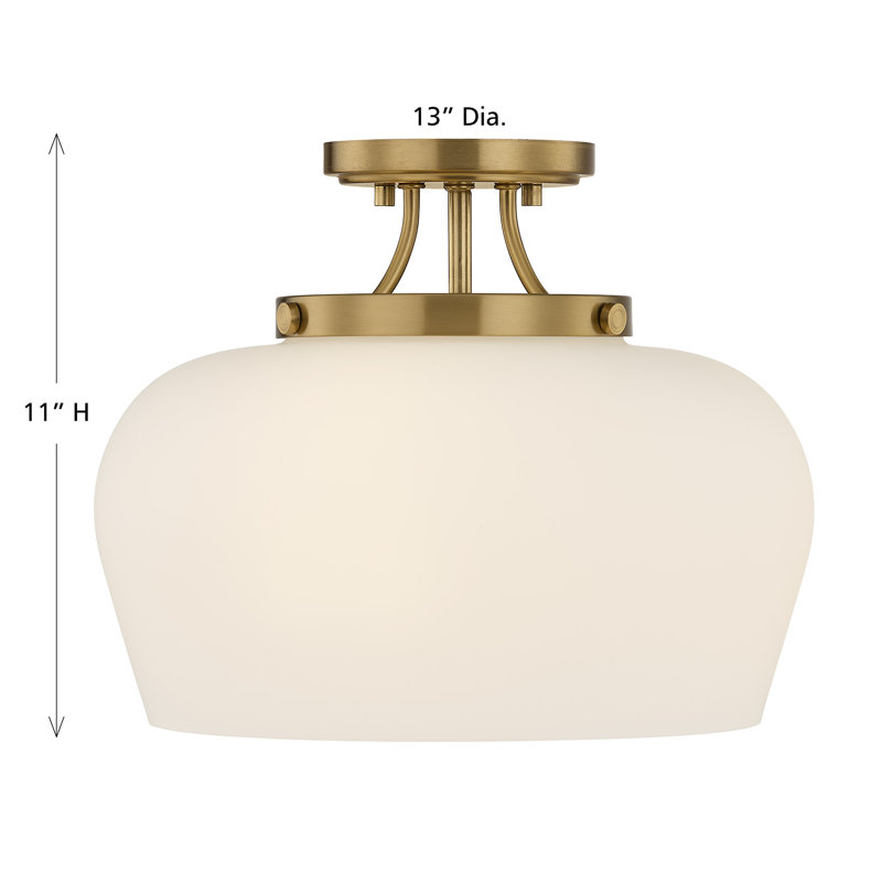 Breena 13" W 3-Light Dimmable Semi-Flush Mount, Warm Brass, White