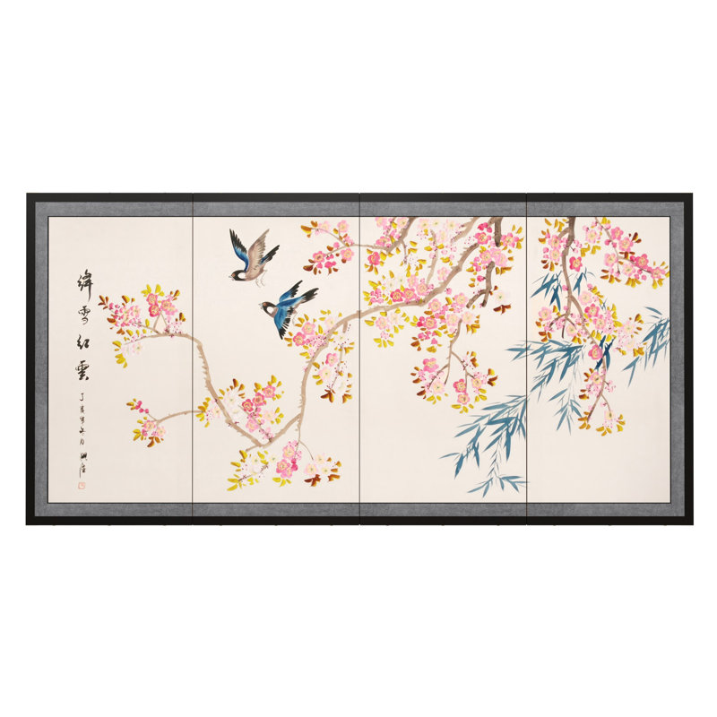 Birds and Blossoms Handpainted Silk Screen, Songbirds