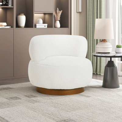 Jindra 34.5" Modern & Contemporary Swivel Chair with Sherpa Fabric Upholstery, Solid Wood Gold Finish Base, Foam over Pocket Coils